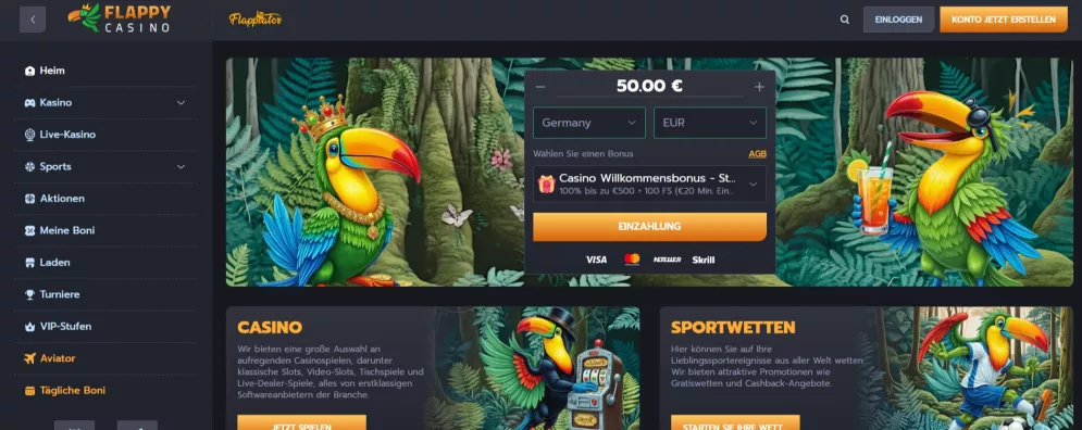 Flappy Casino Bonus bis zu 2000 Euro und 250 Freispiele